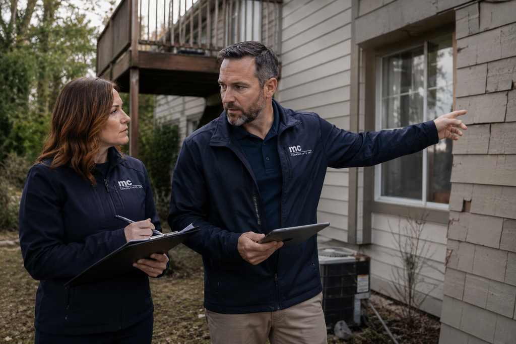 Insurance adjuster and forensic consultant discussing next steps after a property claim inspection