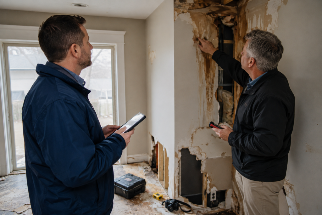 Insurance adjuster and forensic consultant reviewing property damage during a claim inspection