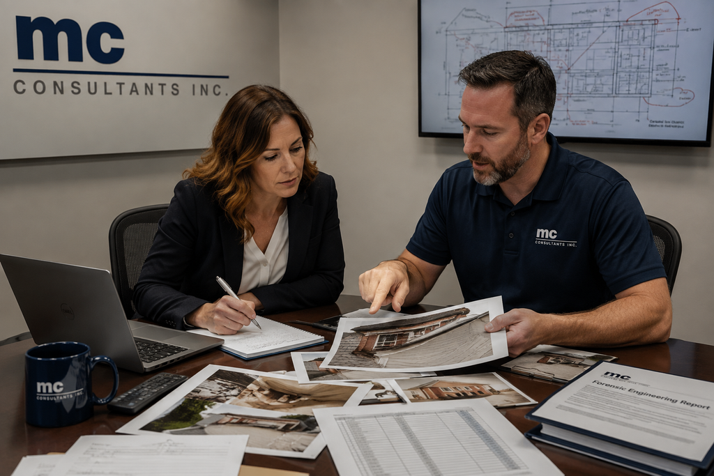 Insurance adjuster reviewing claim documents and technical findings with a forensic expert